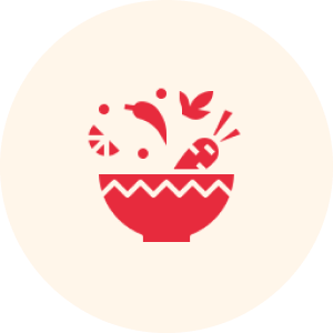 Red food icons in a bowl logo.