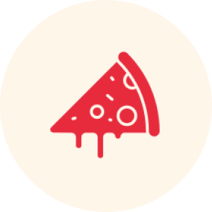 Red pizza slice icon on beige background.