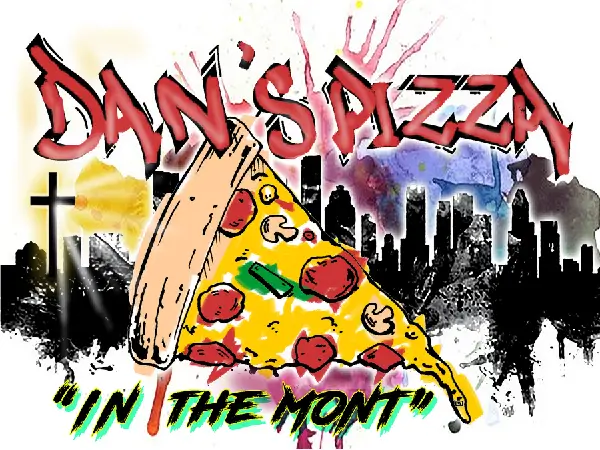 Pizza slice over graffiti-style cityscape.