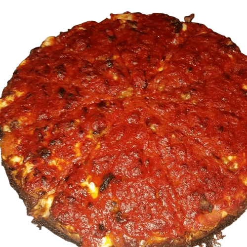 Deep-dish pizza topped with chunky tomato sauce.